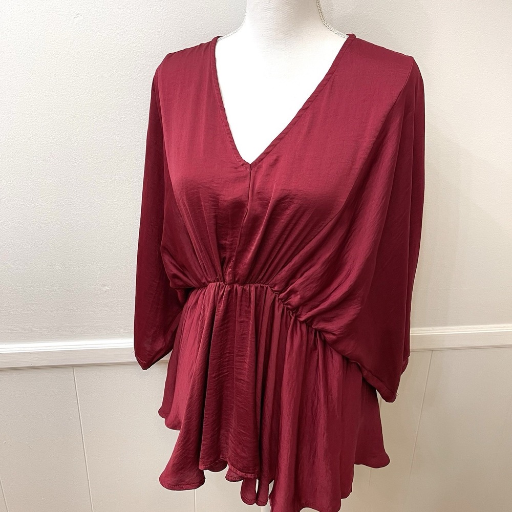 Glam Women's V Neck Dolman Sleeve Poncho Blouse Large Burgundy Cranberry Satin